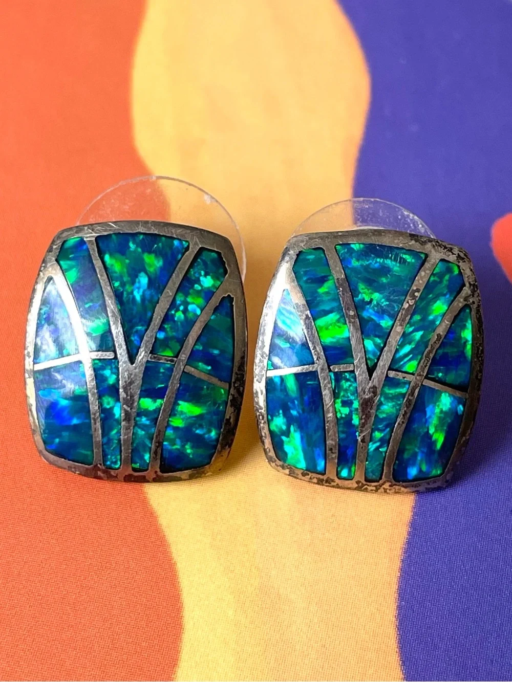 Vintage stamped sterling silver & blue green opal (?) inlay earrings